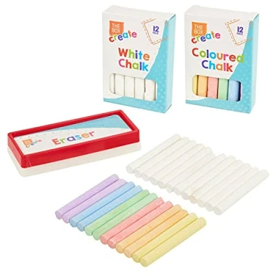 Image of Chalk &amp; Eraser Set, White and Multicolour Chalkboard Pavement Sponge Eraser, Ideal for Blackboard Drawing, Classroom, Playground, Pub Art etc (25 Piece Set)