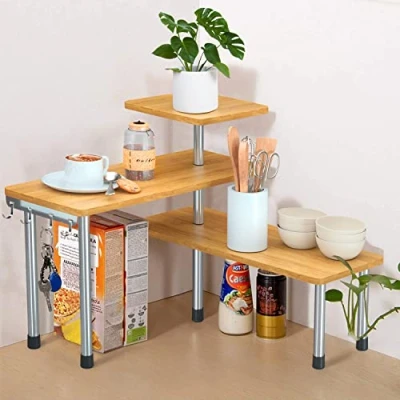 Image of Jolitac 3 Tier Kitchen Corner Shelf Desktop Bamboo Shelving Organiser Spice Storage Rack, Space Saving Organizer Bookshelf for Kitchen, Home, Office with Hooks (Natural)