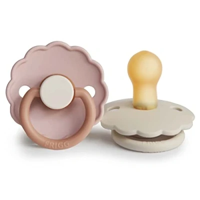 Image of FRIGG Daisy Latex Pacifier Pack of 2 Natural Rubber Soother Dummy BPA Free Made in Denmark Symmetrical Cherry Shaped Nipple (Biscuit/Cream, Size 1 (0 6 Months))