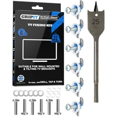 Image of Gripit Blue TV Kit Pack of 6 Heavy Duty Plasterboard Fixings for Drywall &amp; Stud Walls, Holds Up to 113kg Mounting TVs, Kitchen Cupboards Boilers Easy Install UK Designed