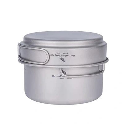 Image of iBasingo 500m l&amp; 900ml Titanium Pot Pan Set Ultralight Camping Cookware with Folding Handle Outdoor Cup Bowl Small Frying Portable Hiking Picnic Backpacking Kitchen Cooking Kit Ti2034C