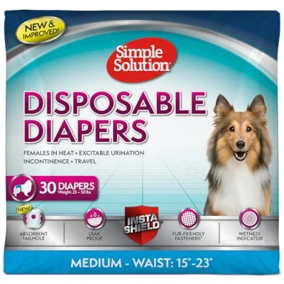 Image of Simple Solution Disposable Dog Diapers For Female Dogs, True Fit, Absorbent, Leak Proof with Wetness Indicator, Puppy &amp; Doggie Period Pad and Pee Diaper, Medium Pets, 15 23 Inch Waist, 30 Count