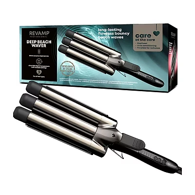 Image of REVAMP Deep Beach Waver Triple Barrel Hair Waver, Professional Ceramic Infused with Progloss Enhanced Shine Oils, Fast Heat Mermaid Waves Curler for Short, Medium, Long Types