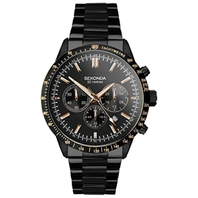 Image of Sekonda Velocity Men’s 45mm Quartz Watch in Black with Analogue Display, and Stainless Steel Bracelet 30016