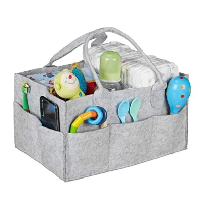 Image of Relaxdays Baby Nappy Caddy, 11 Compartments, Removable Divider, Portable Felt Bag, Car &amp; Changing Table Organiser, Light Grey
