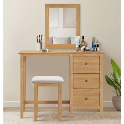 Image of Hallowood Furniture Aston Single Pedestal Dressing Table with Mirror and Stool, Wooden Console 3 Drawers Set Stool Vanity for Home, Bedroom