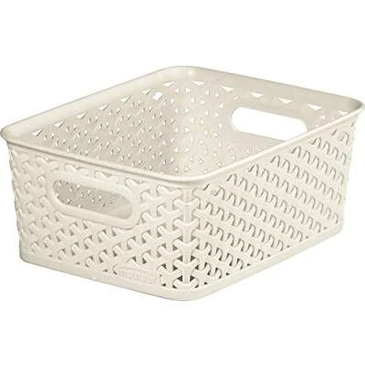 Image of Curver My Style Rattan Effect Set of 3 Kitchen, Living room, Bathroom, Bedroom, Utility Medium Rectangular Storage Baskets 13 Litres Off White