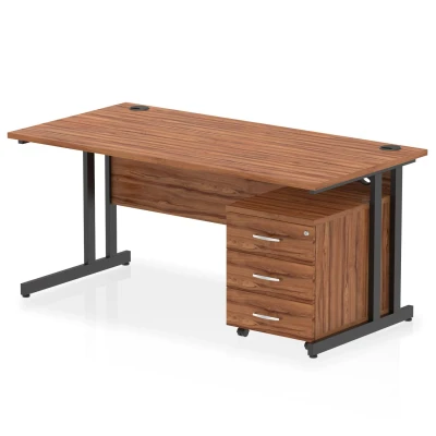 Image of Impulse 1600x800 Desk Walnut/Black Cantilever Leg 3 Drawer Mobile Ped