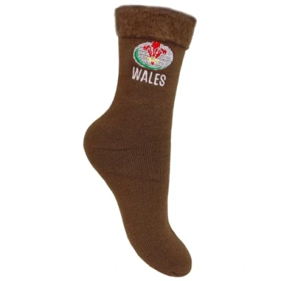 Image of Men&#039;s Wales Rugby Ball &amp; Welsh Feathers Embroidered Bed Socks (UK, Numeric, 7, 10, Regular, Vintage Brown)