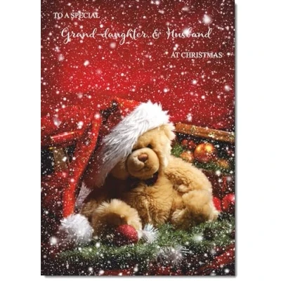 Image of doodlecards Granddaughter and Husband Christmas Card Bear with Santa Hat Medium Size for &amp; Plain Envelope