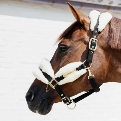 Image of Kentucky Horsewear Nylon Sheepskin Headcollar Soft Natural Cob Size Red Horse Halters &amp; Equestrian