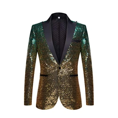 Image of PYJTRL Men Fashion Gradual Change Color Sequins Suit Jacket (Green Gold, S)