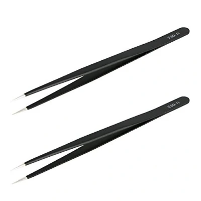 Image of Aoje Link ESD 11 Professional Anti Static Precision Technology Tweezers, Non Magnetic Fine Tip Straight, Stainless Steel Plastic Coated, Full Length 142mm, Black, 2pcs