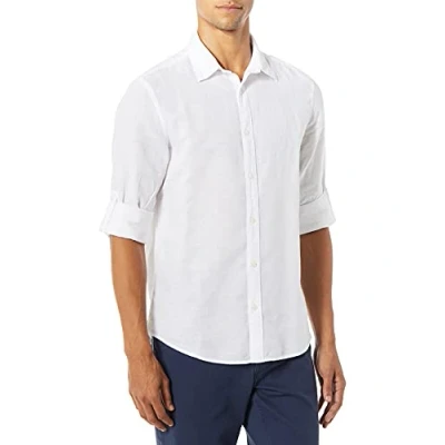 Image of Perry Ellis Men&#039;s Rolled Sleeve Solid Linen Cotton Shirt Button, Bright White, Medium