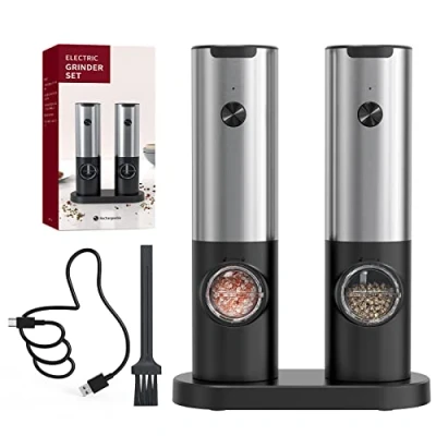 Image of CIRCLE JOY Electric Pepper Grinder Set, Stainless Steel Spice with Ceramic Grind and Adjustable Coarseness, USB Rechargeable Salt Mills, No or Included