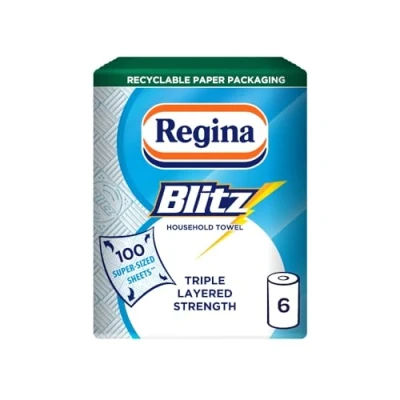 Image of Regina Blitz Household Towels 6 Rolls Per Pack, 3 ply Kitchen Roll, 100 Sheets Paper Packaging, FSC Certified Paper, Recyclable Larger Than Standard Roll