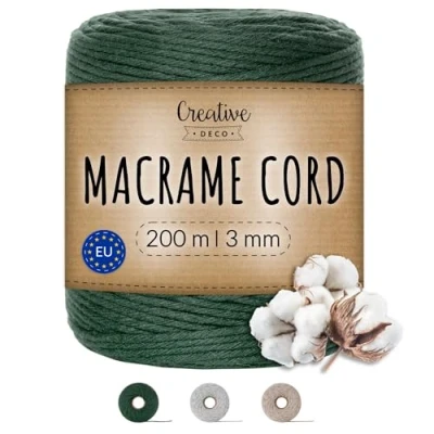 Image of Creative Deco 656 Feet Dark Green Macrame Cord 200m 3mm Thick Cotton Rope 30 Ply String Yarn Twine Elastic for Easter, Art and Craft, DIY, Knitting, Gift Wrapping, Wall, Plant Strong