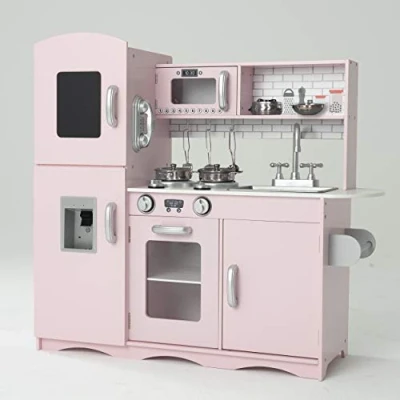 Image of Kidoz Signature Kids Wooden Kitchen, Large Pretend Role Play Kitchen With Realistic Oven, Microwave And Sink Taps, Playset Sounds Lights For (Pink Utensils)
