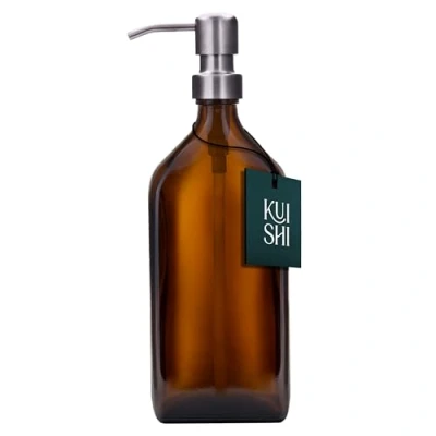 Image of Kuishi Amber Glass Soap Dispenser With Press Down Head Replaceable Stainless Steel Nozzle Recycled Eco Friendly Versatile Elegant Modern Home Décor (500ml)