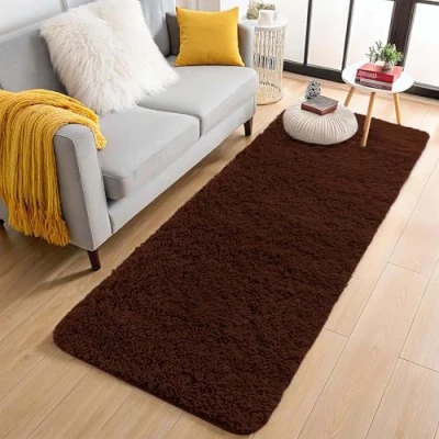 Image of Aspire Homeware Rugs Living Room Brown Area for Bedroom 60x220cm Anti Slip Modern Super Soft Thick Pile Fluffy Shaggy Rug Non Shedding