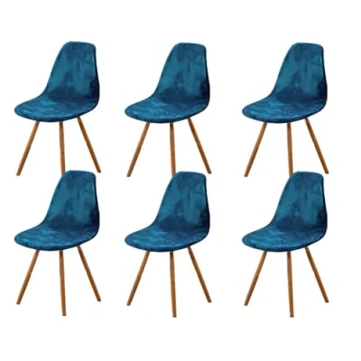 Image of Highdi Luxury Velvet Scandinavian Dining Chair Covers, Nordic Style Universal Armless Slipcovers Shell Chairs Covers Removable Washable for Kitchen, Bedroom, Living Room (Peacock blue,6 PCS)