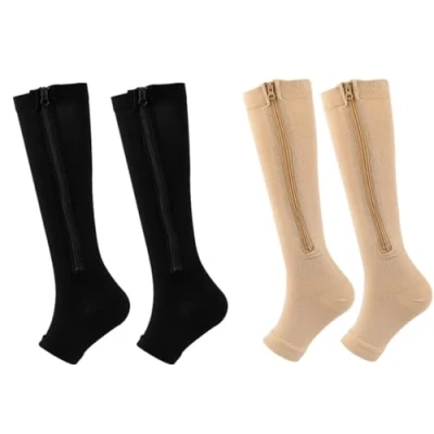 Image of 2Pairs Medical Compression Socks for Women Men, 15 20mmHg Knee High Flight Stockings, Zipper Swollen Varicose Veins Running Nurses Pregnancy Travel (Mixed, S/M)