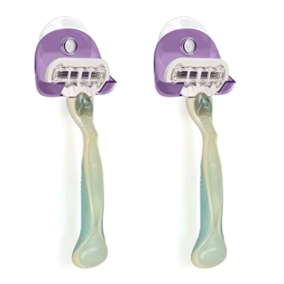 Image of kwmobile 2X Razor Holder with Suction Cup Self Adhesive Shaver Wall Mount Bathroom Organizer for Glass and Tiles Lavender/Transparent