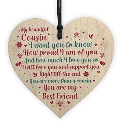 Image of RED OCEAN Cousin Birthday Christmas Card Gift Wooden Heart Thank You Keepsake Family Plaque