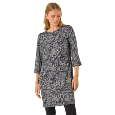 Image of Roman Paisley Button Detail Shift Dress for Women UK Ladies Autumn Everyday Winter Holiday Round Neckline Comfy 3/4 Length Sleeve Soft Knee Frock Dinner Date Gowns Dark Grey Size 20