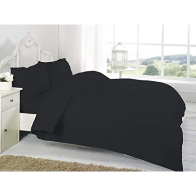 Image of NON IRON Luxury Parcale Plain Dyed Duvet Cover &amp; 2 Pillow Cases Bed Set (Black, King)