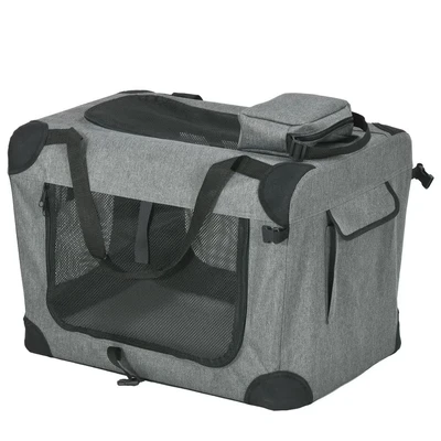 Image of PawHut Foldable Pet Carrier for Small and Miniature Dogs, Portable Cat Soft Side Travel Crate with Removable Mat, Storage Bags, Breathable Mesh 60 x 41.5 41cm Grey