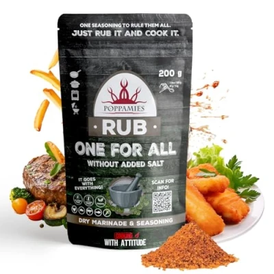 Image of Poppamies One for All Rub, Dry Marinade &amp; Seasoning Perfect Fish, Beef, Vegies, Pork, Chicken Great in The Grill, BBQ, Oven, Boiler and Pan Large Pack (200g)