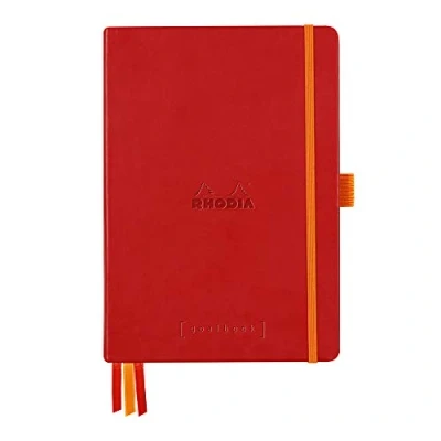 Image of RHODIA 118783C Bullet Journal Goalbook Rigid Notebook Poppy A5 Dotted Dot 240 Pages 90g Ivory Clairefontaine Paper 3 Ribbons, Elastic Closure Faux Leather Cover