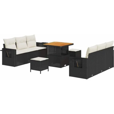 Image of vidaXL 9 Piece Garden Sofa Set with Cushions Black Poly Rattan Acacia