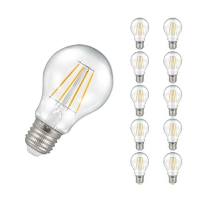 Image of Crompton Lamps LED GLS 7.5W ES E27 Dimmable Filament (10 Pack) (60W Equivalent) 2700K Warm White Clear 806lm Screw A60 Multipack Light Bulbs