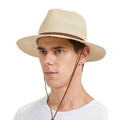 Image of Zylioo Straw Hats with Chin Strap for Small Heads Summer Fedora Beach Sun Hat Petite Wide Brim UV Holiday