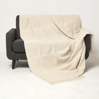 Image of HOMESCAPES Handwoven Natural Throw 225 x 255 cm Textured 100% Cotton Blanket with Tassels Lightweight All Season “Kashi Bed or Sofa