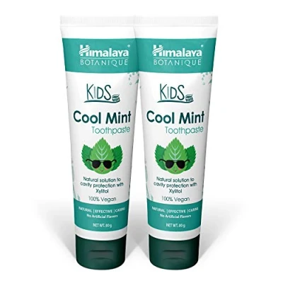 Image of Hiamalaya Botanique Kids Toothpaste Cool Mint Flavor Reduces Plague Makes Teeth Stronger Flouride Free, Vegan &amp; Gluten Free 80 g (Pack of 2)