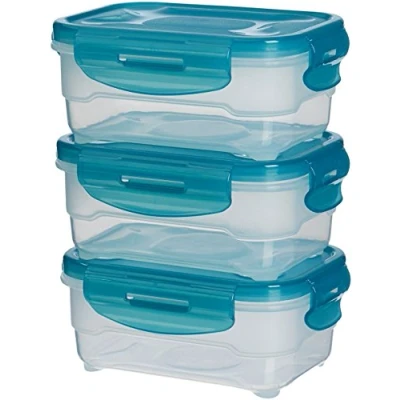 Image of Amazon Basics Air Locked Leak Proof, Stackable &amp; Airtight Fridge/Freezer Containers with Lids, BPA Free Plastic, Microwave and Dishwasher Safe 3 Piece Food Storage Set, x 0.6 Liter, Light Blue
