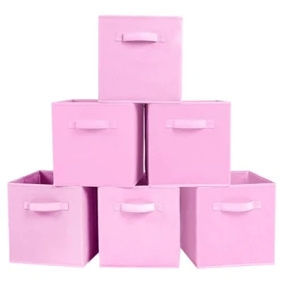 Image of PowerKing Fabric Storage Box Organiser, 6 Foldable Containers, Cube, Pink