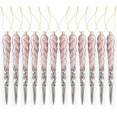 Image of AKH® 13CM / 5&quot; Christmas Hanging Icicles Ornaments Bubbles Tree Decorations Pack of 12 Glitter Baubles Icicle (Rose Gold)