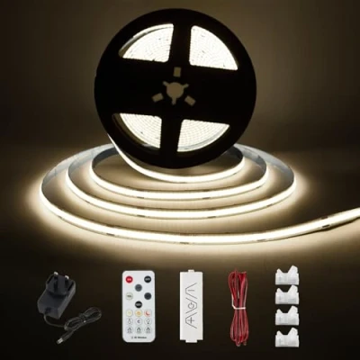 Image of Enteenly COB LED Strip White 3 Meters, Under Cabinet Light Kit with RF Remote Control for Display Case, Kitchen, Desk, Shelf, Cupboard, 24V EU Adapter, 6500K