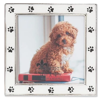 Image of 4x4 Silver Metal and White Enamel Picture Frame, Paw Print Design