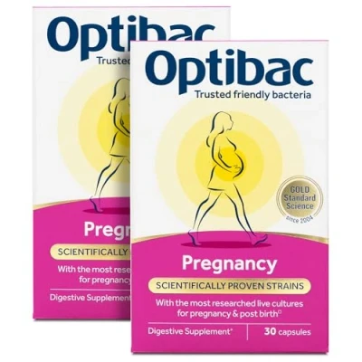 Image of Optibac Probiotics Pregnancy 12 Billion CFU &amp; FOS Fibres, Vegan Probiotic Supplement for Pregnant Breastfeeding Women, 60 Capsules