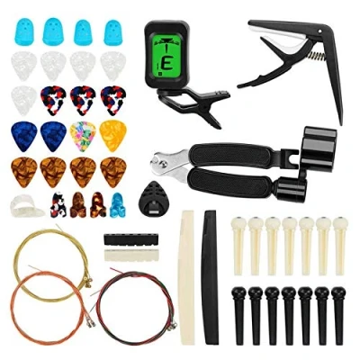 Image of Chavisenty 65 PCS Guitar Accessories Kit with Strings, Tuner, Capo, Picks, Pick Holder, Thumb Finger Bridge Pins