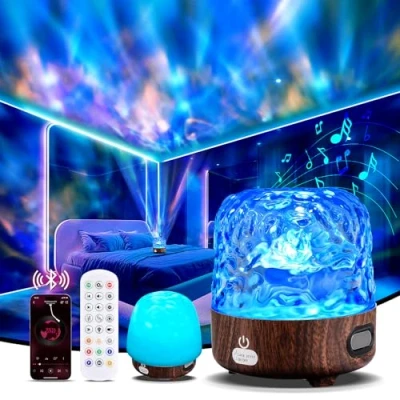 Image of SUPPOU Wood Grain Speaker Projector, Bluetooth and Wave Galaxy Projector 2 in 1, Cover The Lampshade to Make it a Sensory Lights or Night Light, Suitable for Room Decor Gifts