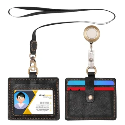Image of Wonderpool Leather Horizontal Badge Holder with Detachable Neck Lanyard and Retractable Reel Clip, Card Slots Case ID for Badges Driver Licence (Black)
