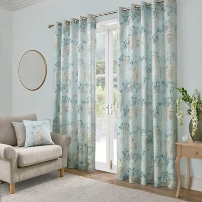Image of Dreams &amp; Drapes Duck Egg Wisteria Curtains W66 x L54 (168 137cm) 2x Panels Flower Eyelet in Blue Floral Door for Bedroom/Living Room
