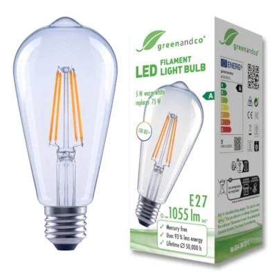 Image of greenandco Clear LED Filament Bulb E27 ST64 5W 1055lm Replaces 75W 2700K Warm White 320 230V Flicker Free Energy Class A Non Dimmable