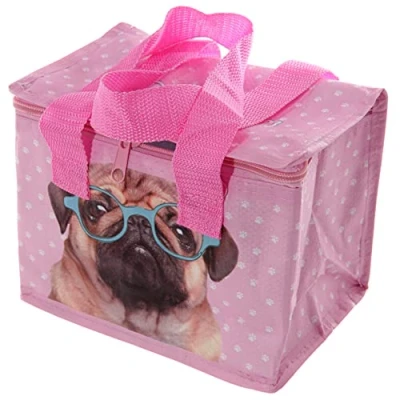 Image of Puckator Pink Pug Woven Cool Bag Lunch Home Office School Travel Camping Picnic Height 16cm Width 20cm Depth 13cm